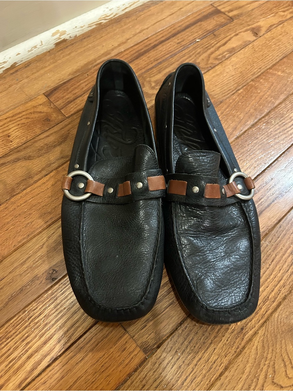 Frye Taylor Ring Moc Men’s 11M Black Leather Driving Loafers Brown Accent